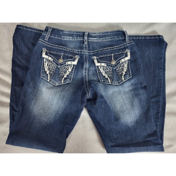(2) Rockin Denim Jeans Womens (6) Bootcut Stretch Cowgirl Wing Embroidery Bling - Picture 6 of 15